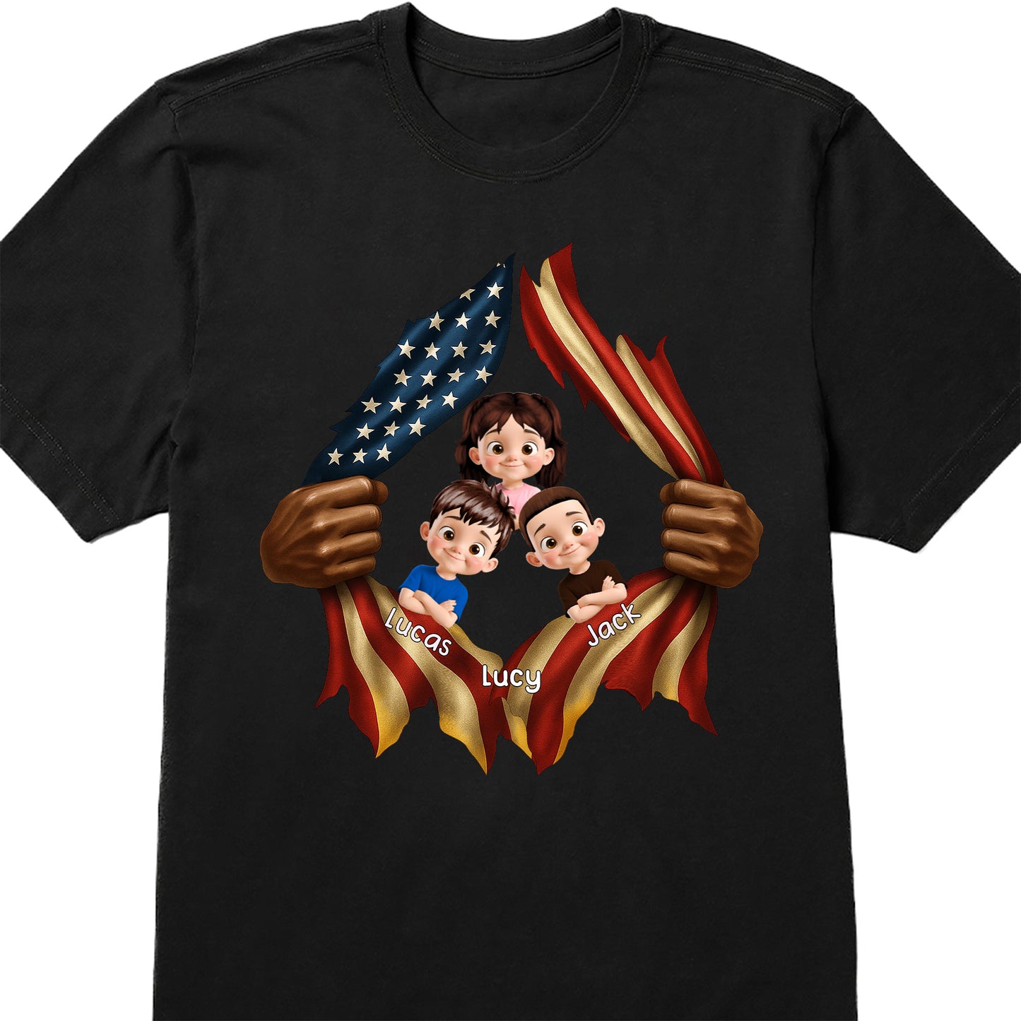 Patriotic T-Shirt Featuring American Flag and Cartoon Children