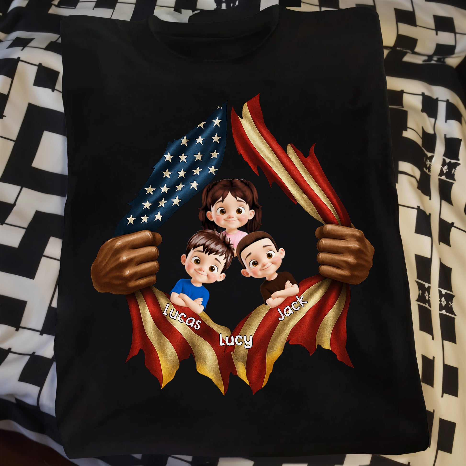 Patriotic T-Shirt Featuring American Flag and Cartoon Children