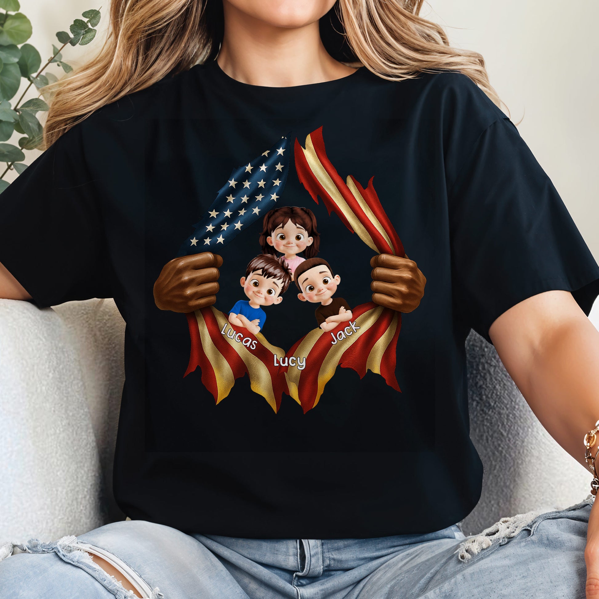Patriotic T-Shirt Featuring American Flag and Cartoon Children