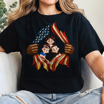 Patriotic T-Shirt Featuring American Flag and Cartoon Children