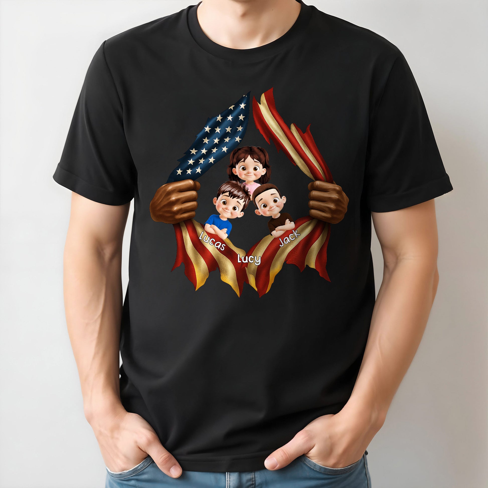 Patriotic T-Shirt Featuring American Flag and Cartoon Children