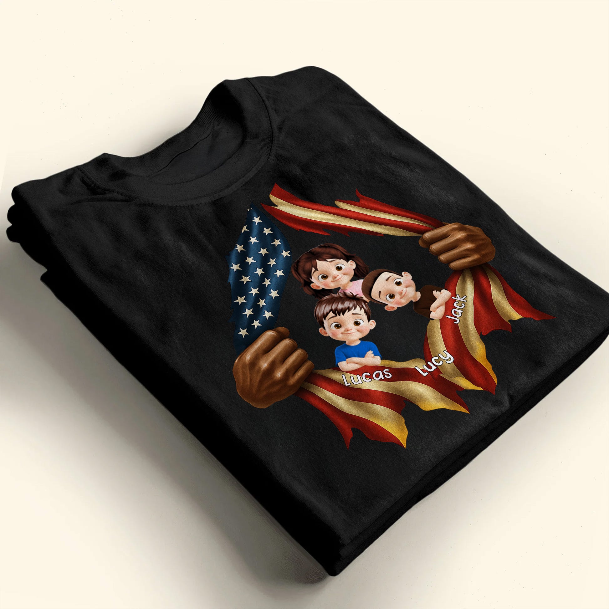 Patriotic T-Shirt Featuring American Flag and Cartoon Children
