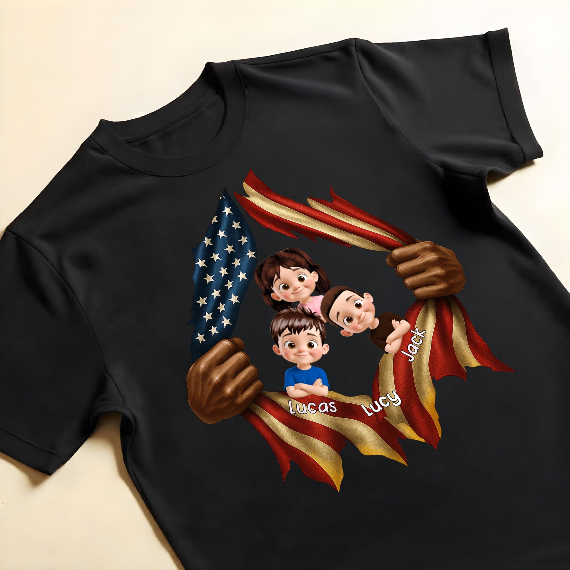 Patriotic T-Shirt Featuring American Flag and Cartoon Children