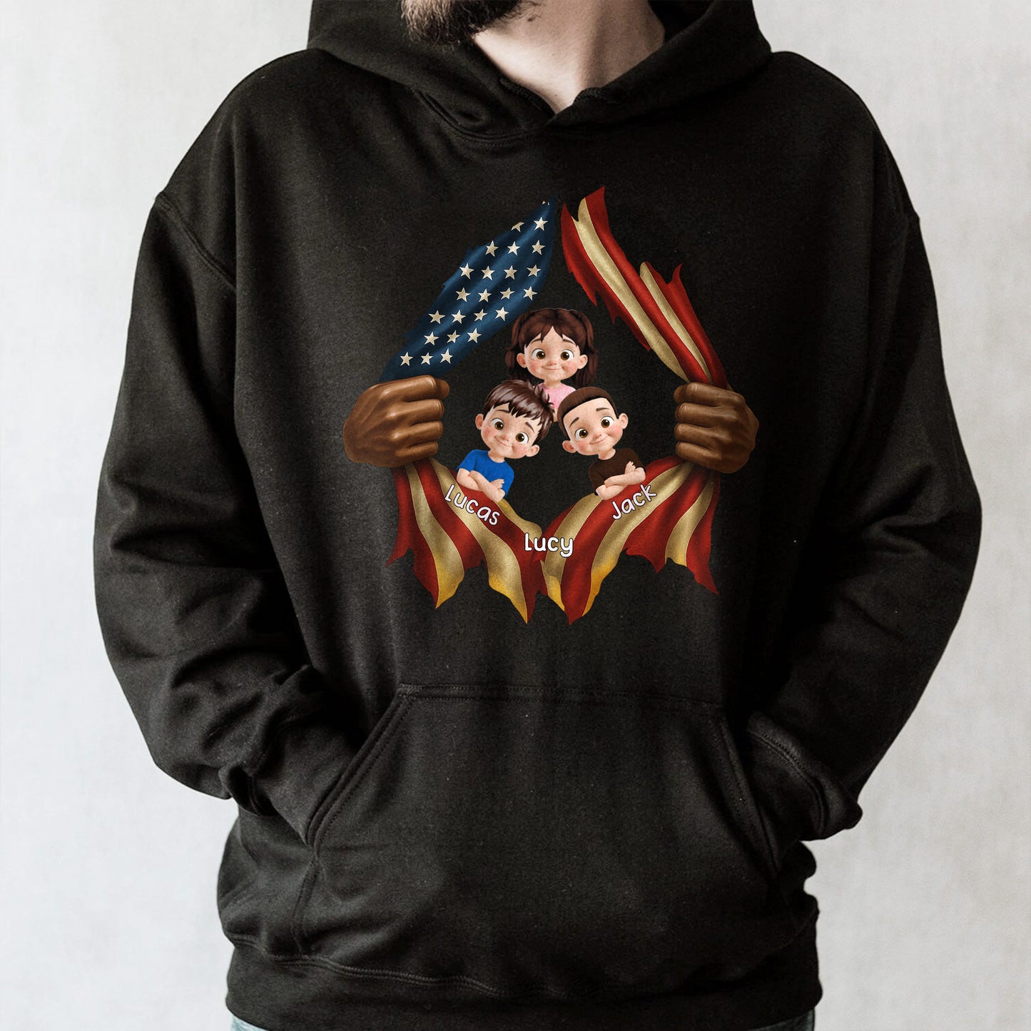 Patriotic T-Shirt Featuring American Flag and Cartoon Children