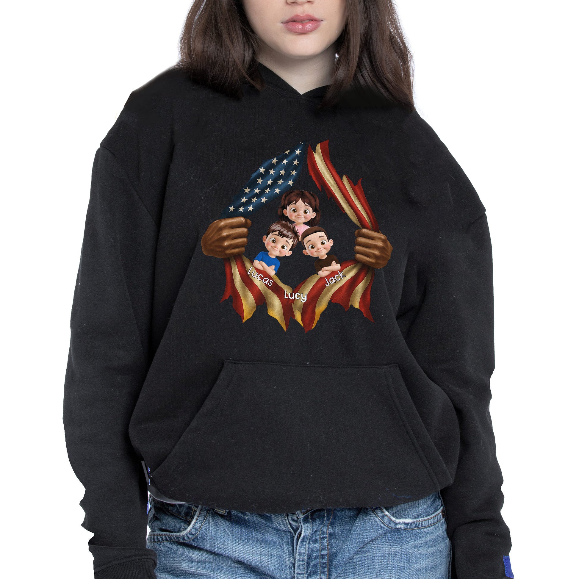 Patriotic T-Shirt Featuring American Flag and Cartoon Children