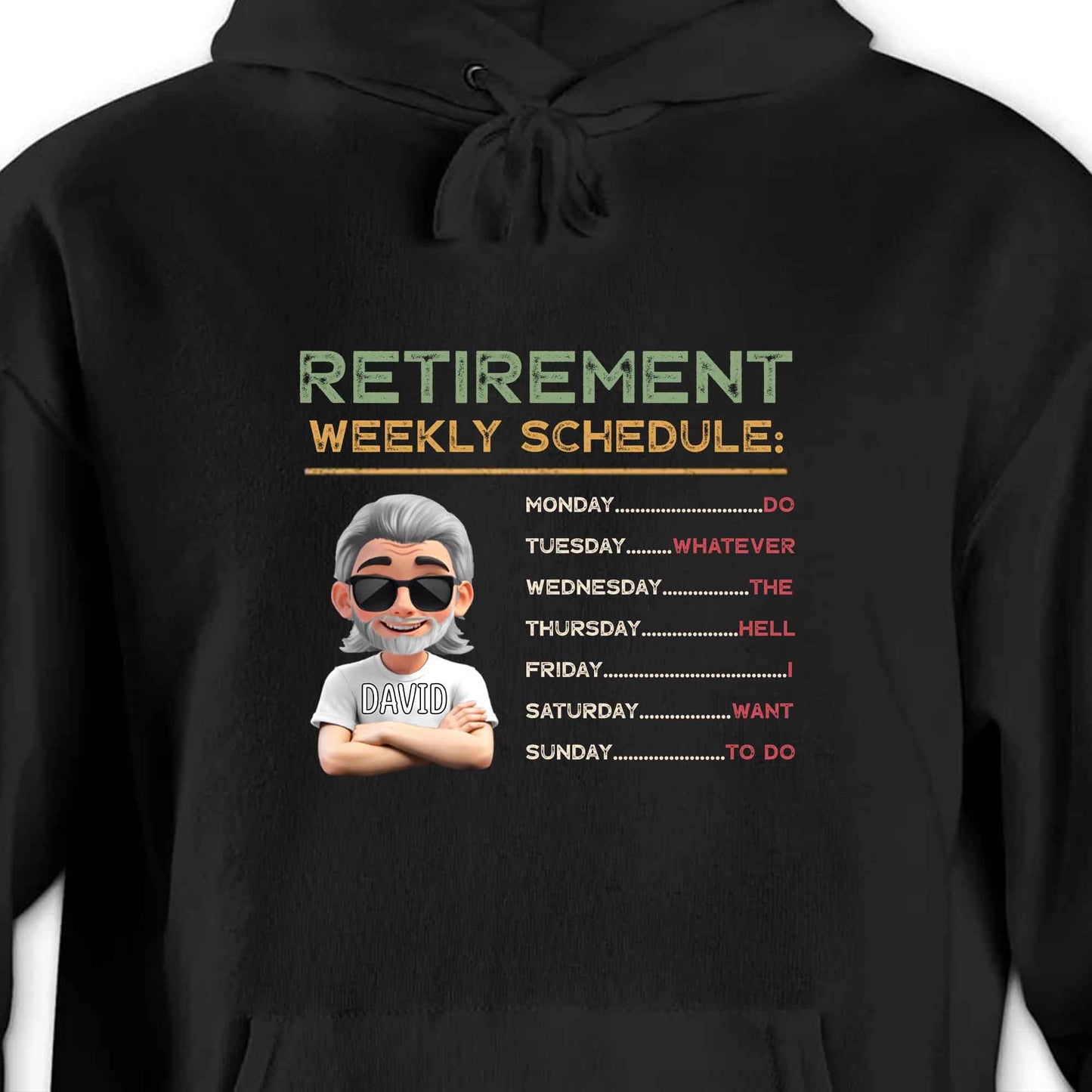 Retirement Weekly Schedule, Text and Cartoon Character