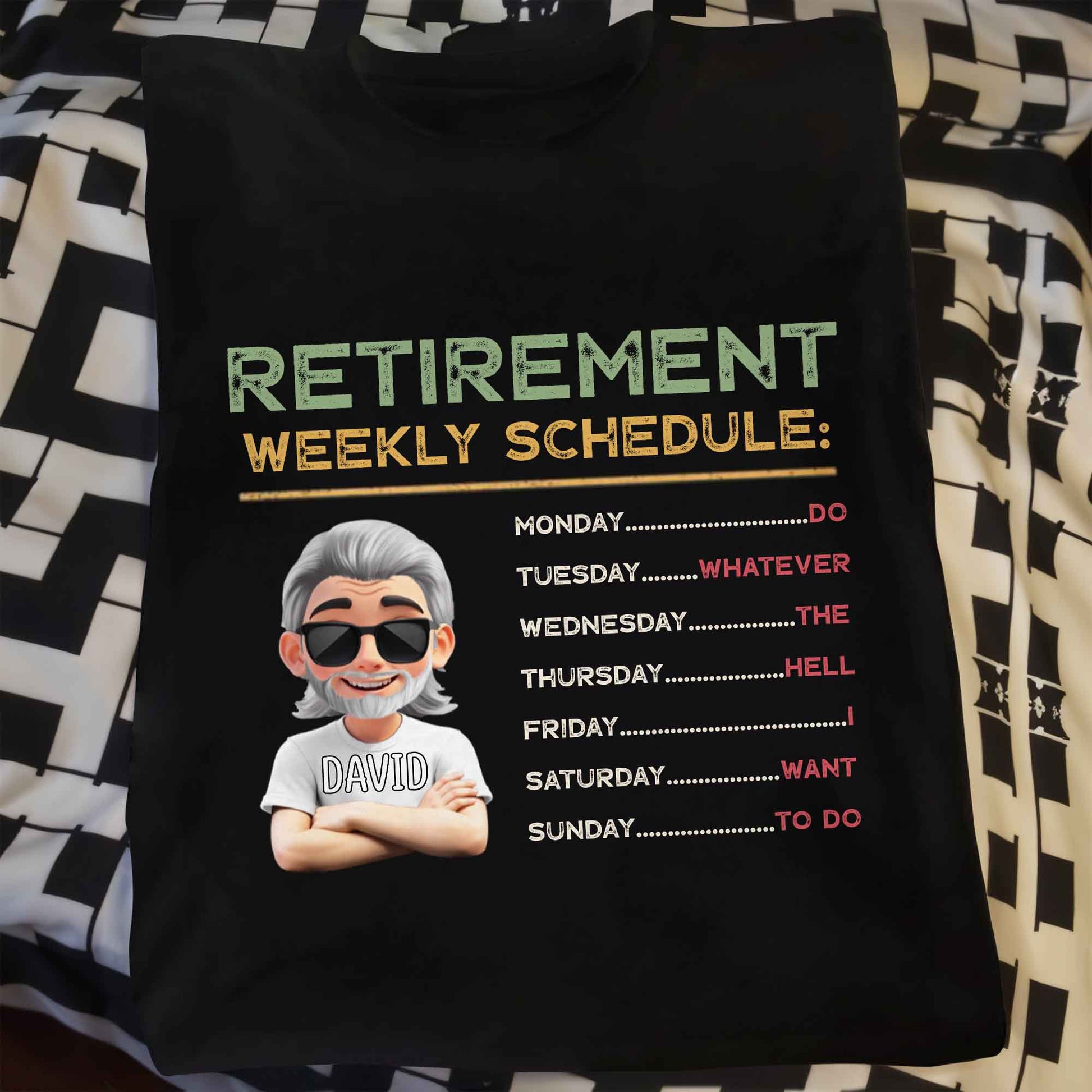 Retirement Weekly Schedule, Text and Cartoon Character