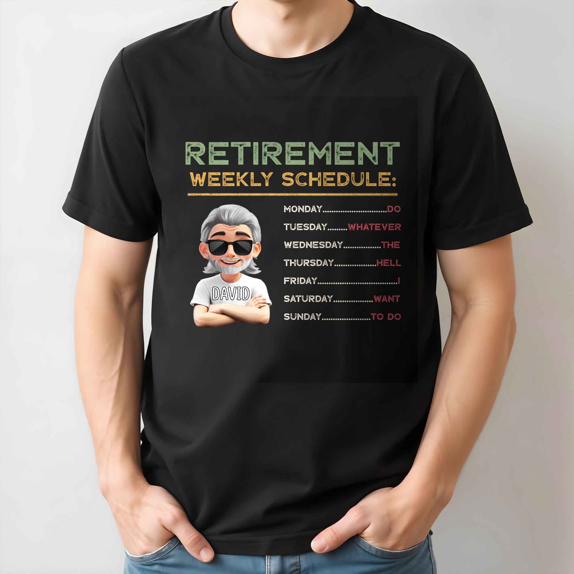 Retirement Weekly Schedule, Text and Cartoon Character