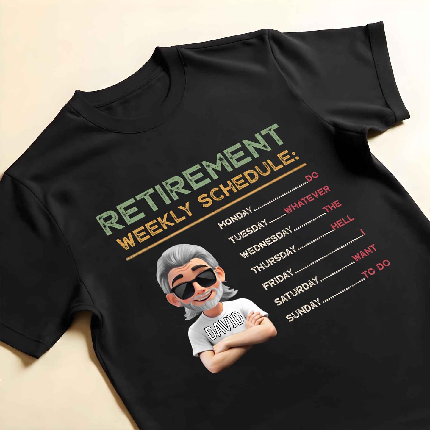 Retirement Weekly Schedule, Text and Cartoon Character