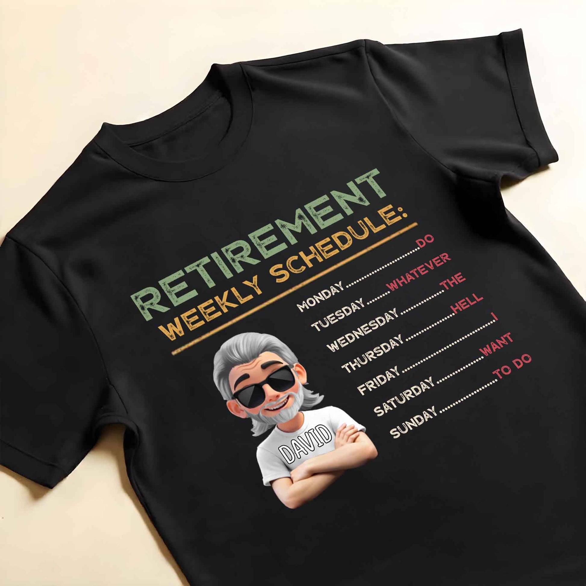 Retirement Weekly Schedule, Text and Cartoon Character