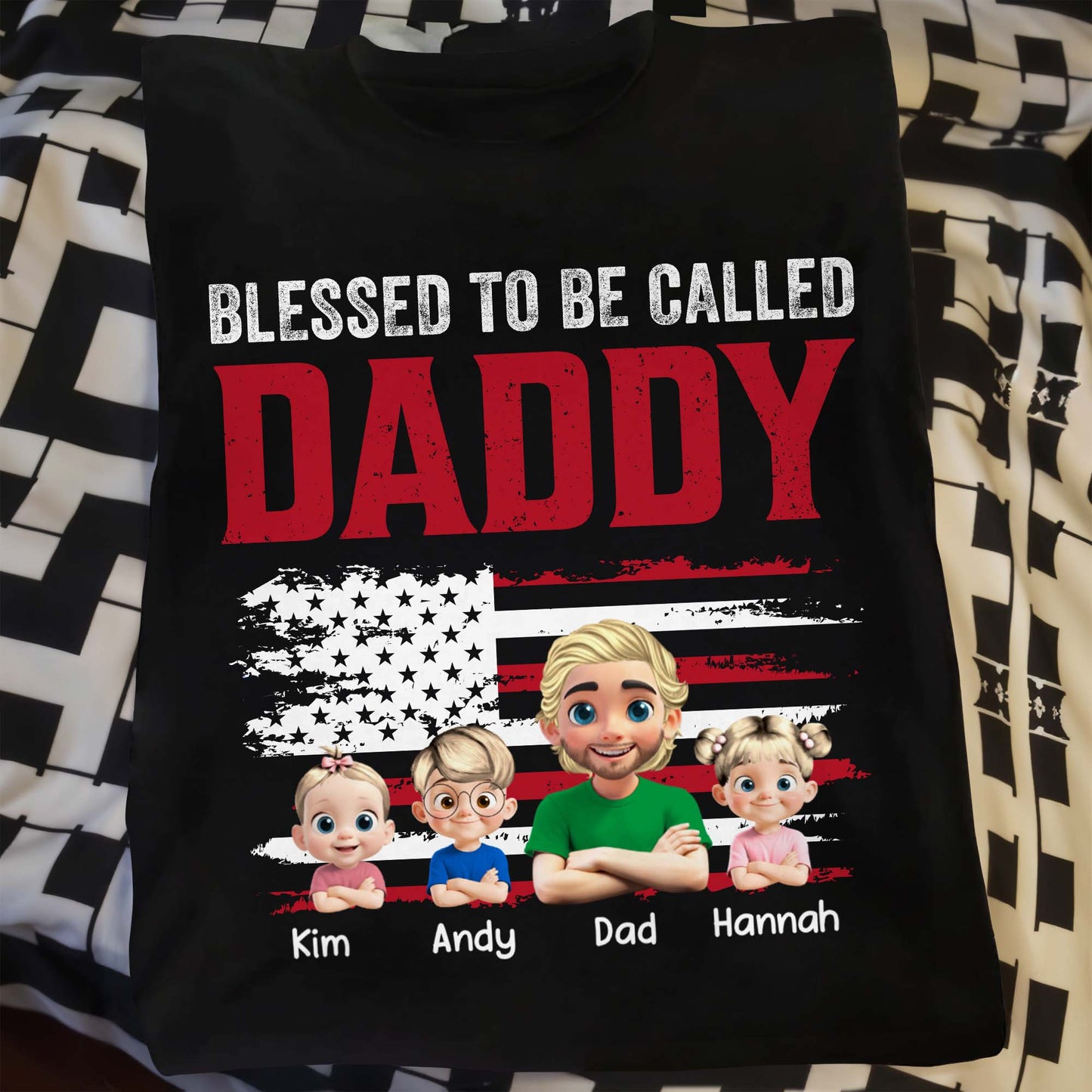 Blessed To Be Called Daddy, American Flag And Cartoon Figures