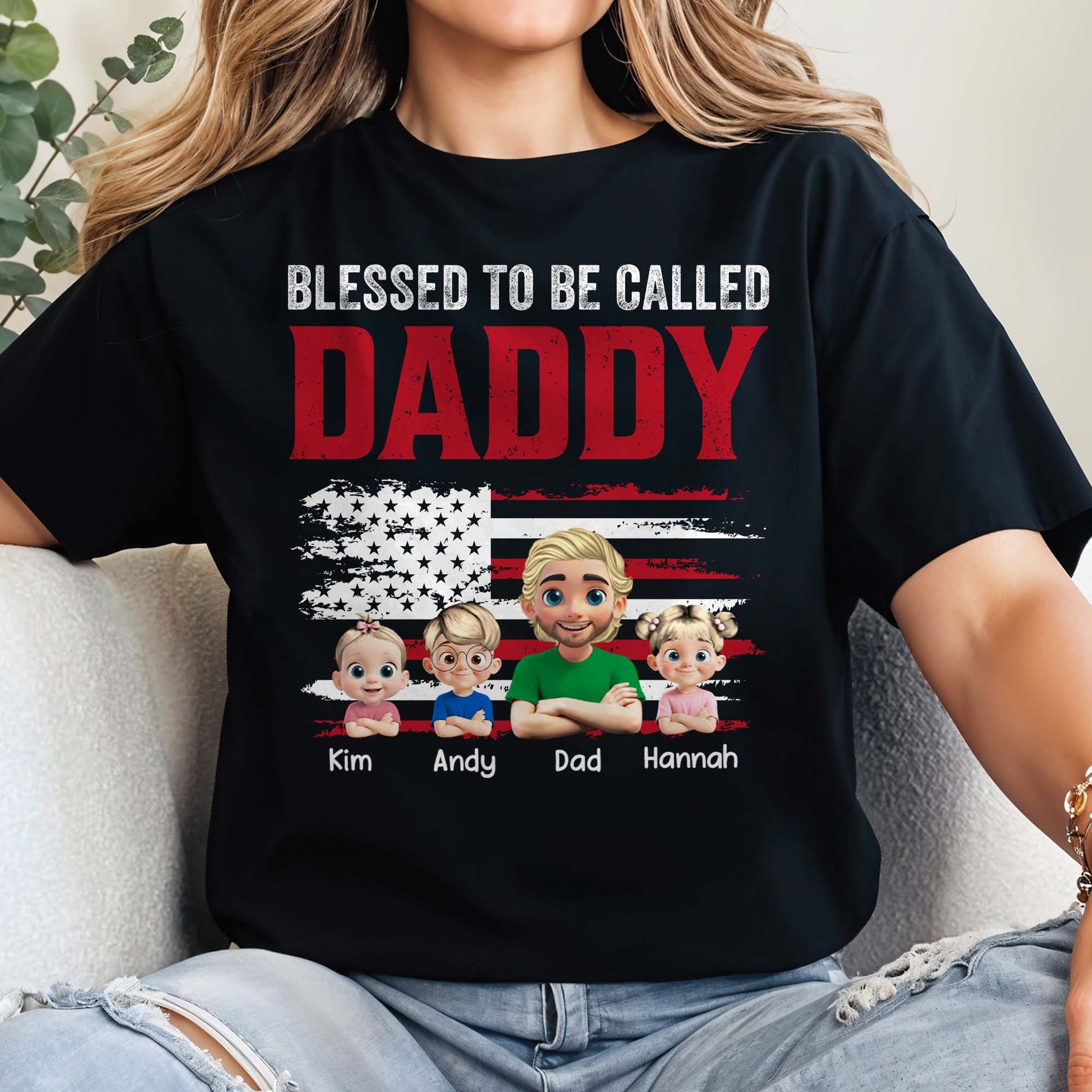 Blessed To Be Called Daddy, American Flag And Cartoon Figures