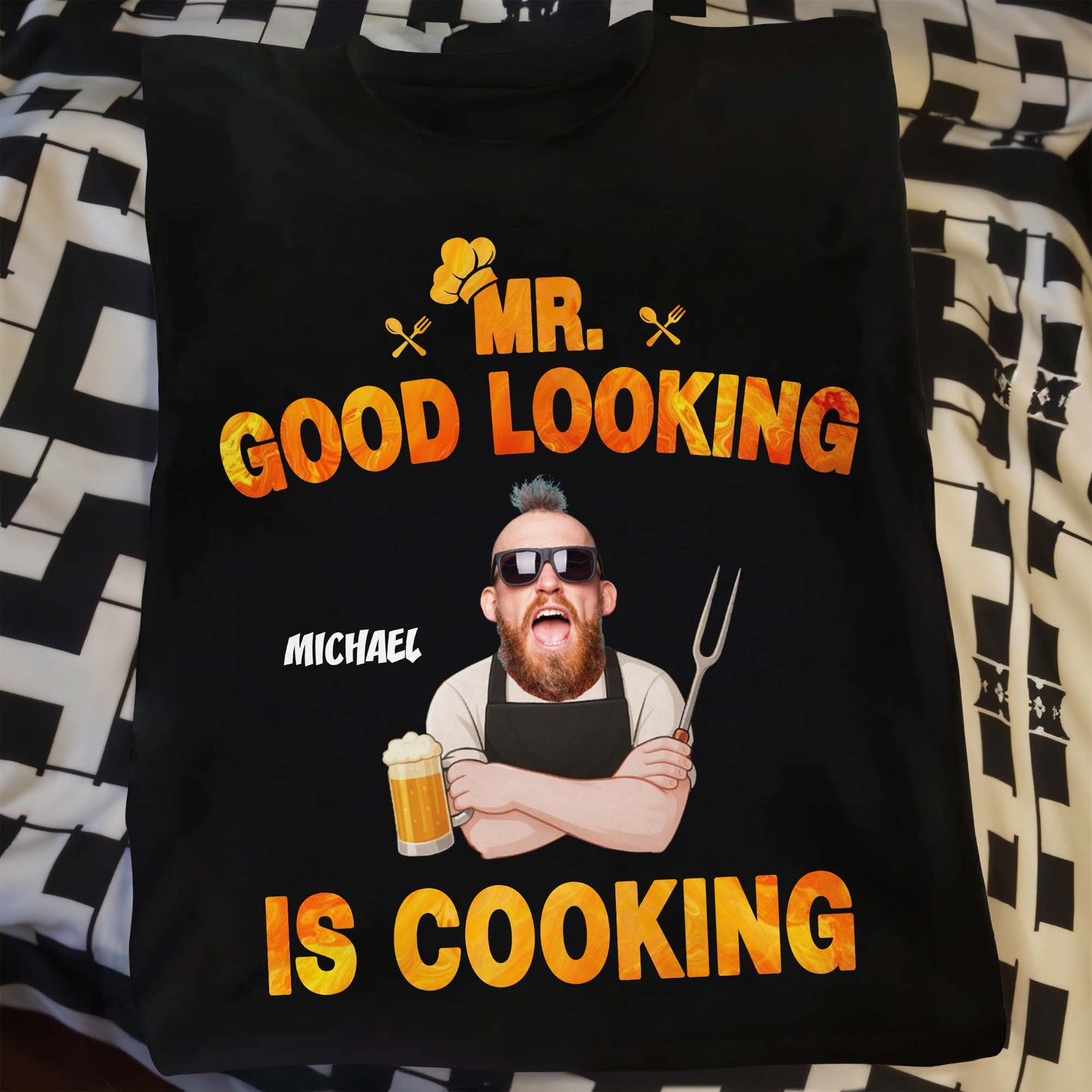 Mr. Good Looking Is Cooking, Bearded Man With Beer And Fork - Personalized Custom Unisex T-shirt, Hoodie - DAD187_BBAS