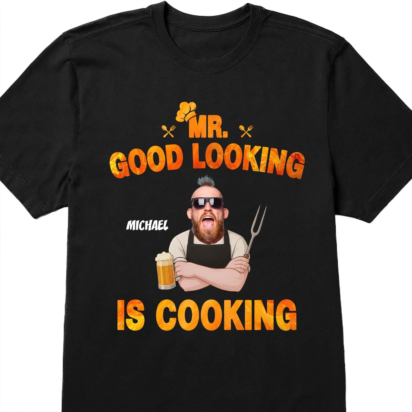 Mr. Good Looking Is Cooking, Bearded Man With Beer And Fork - Personalized Custom Unisex T-shirt, Hoodie - DAD187_BBAS
