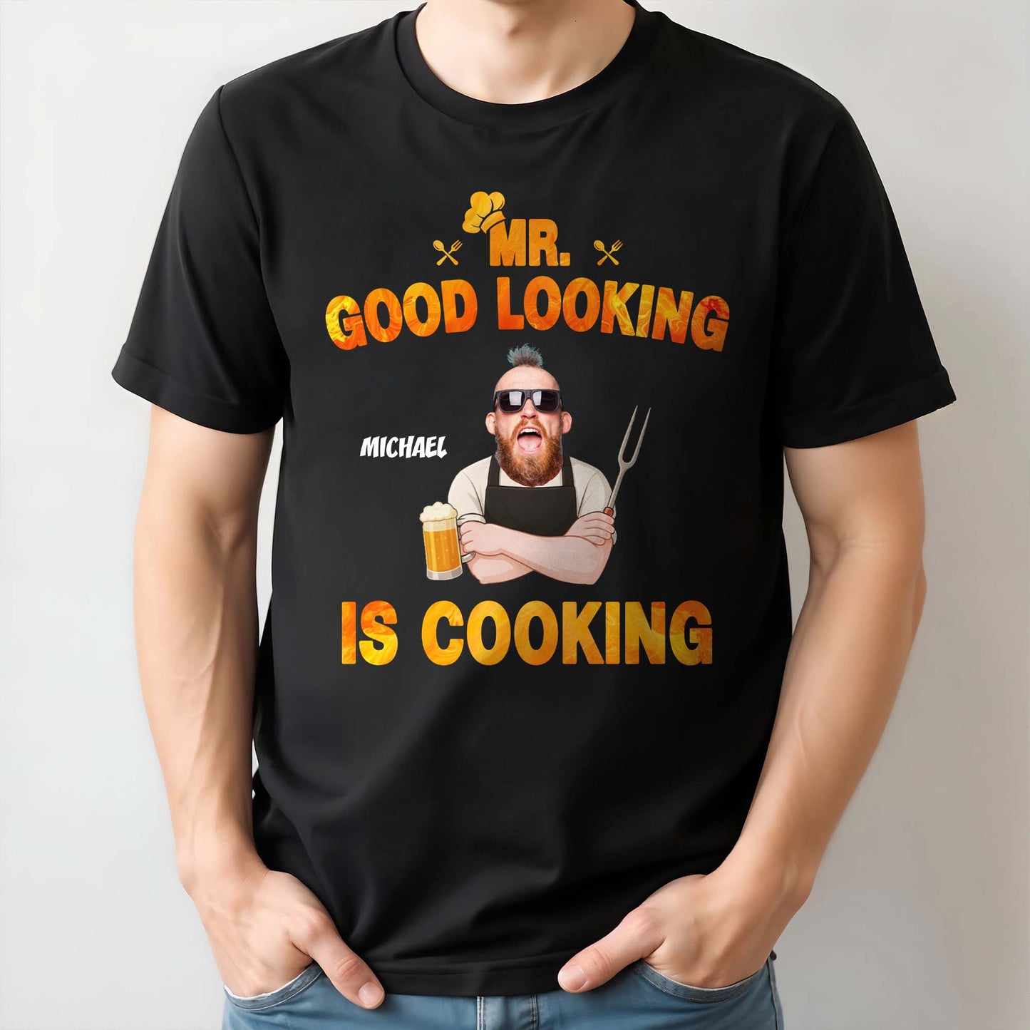 Mr. Good Looking Is Cooking, Bearded Man With Beer And Fork - Personalized Custom Unisex T-shirt, Hoodie - DAD187_BBAS