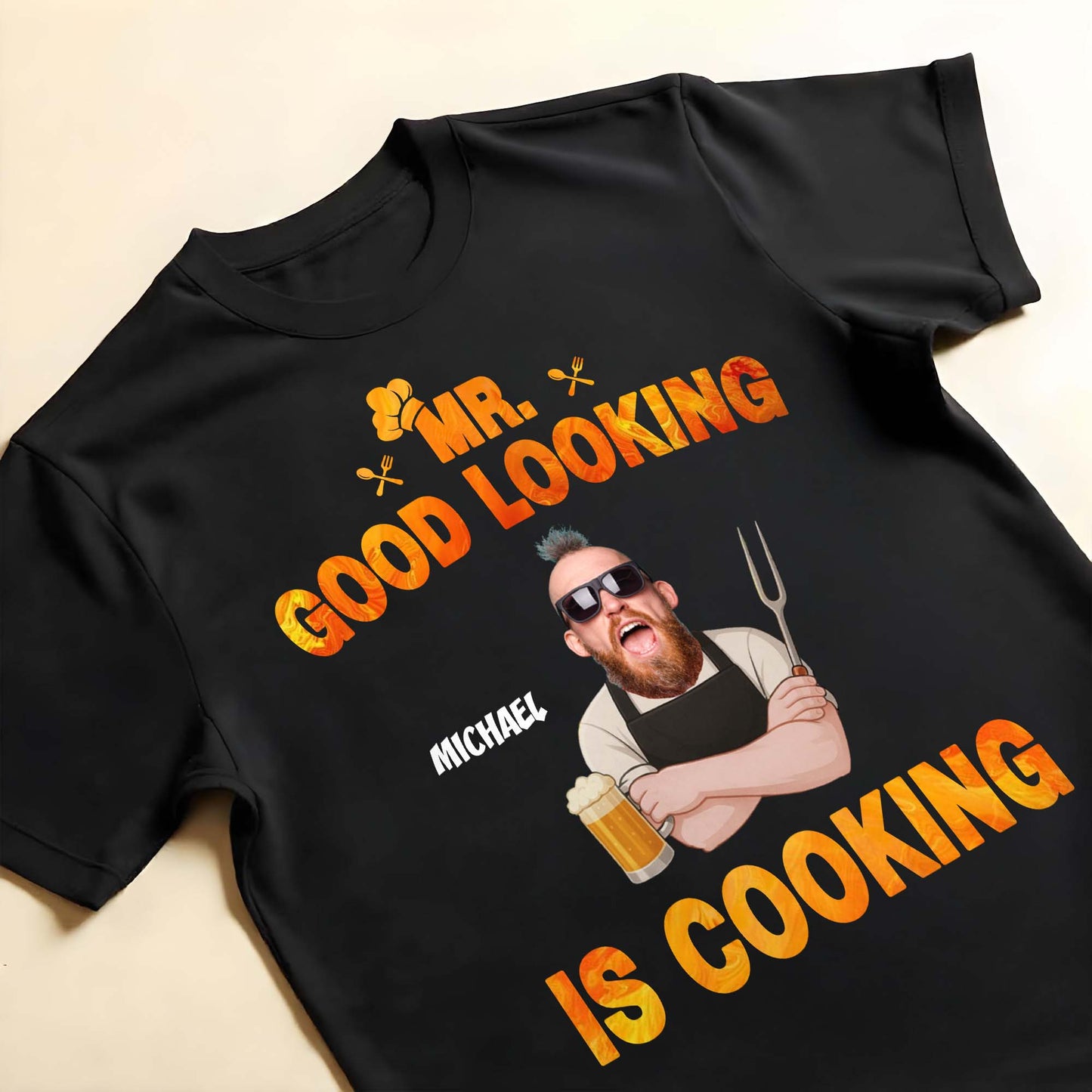 Mr. Good Looking Is Cooking, Bearded Man With Beer And Fork - Personalized Custom Unisex T-shirt, Hoodie - DAD187_BBAS