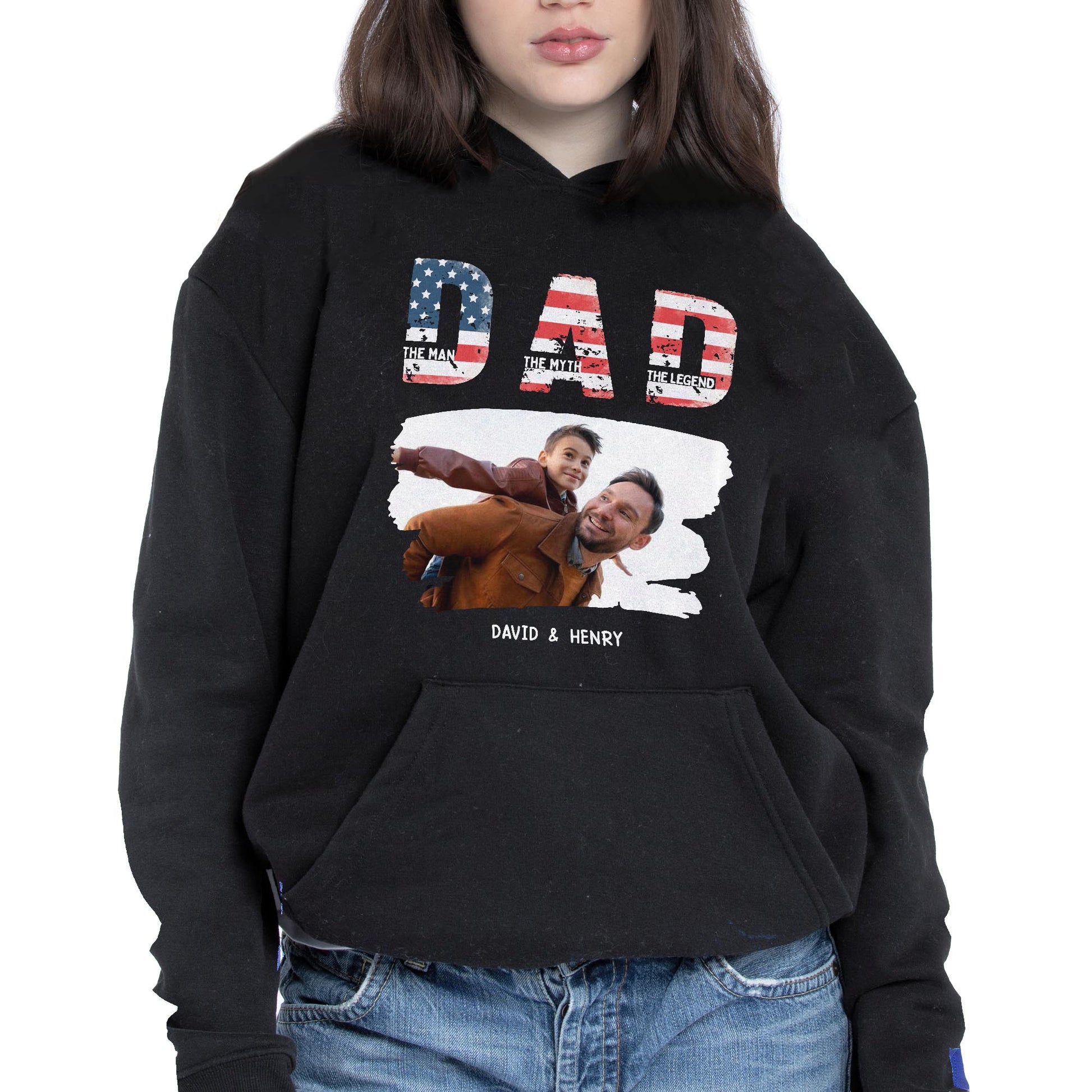 Dad, The Man The Myth The Legend, American Flag And Text