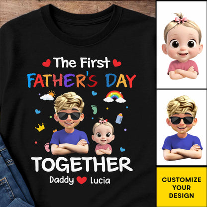 The First Father's Day Together, Cartoon Hearts And Rainbow - Personalized Custom Unisex T-shirt, Hoodie - DAD204_BBAS