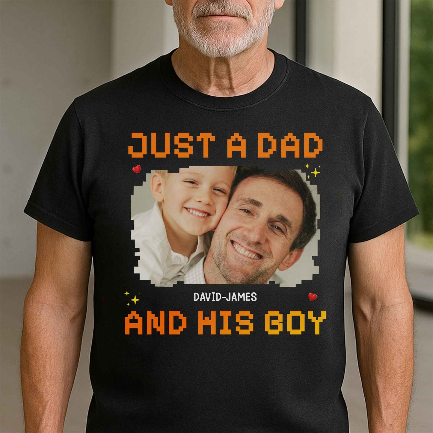 Just A Dad, His And Boy, Pixel Heart And Stars - Personalized Custom Unisex T-shirt, Hoodie - DAD222_BBAS