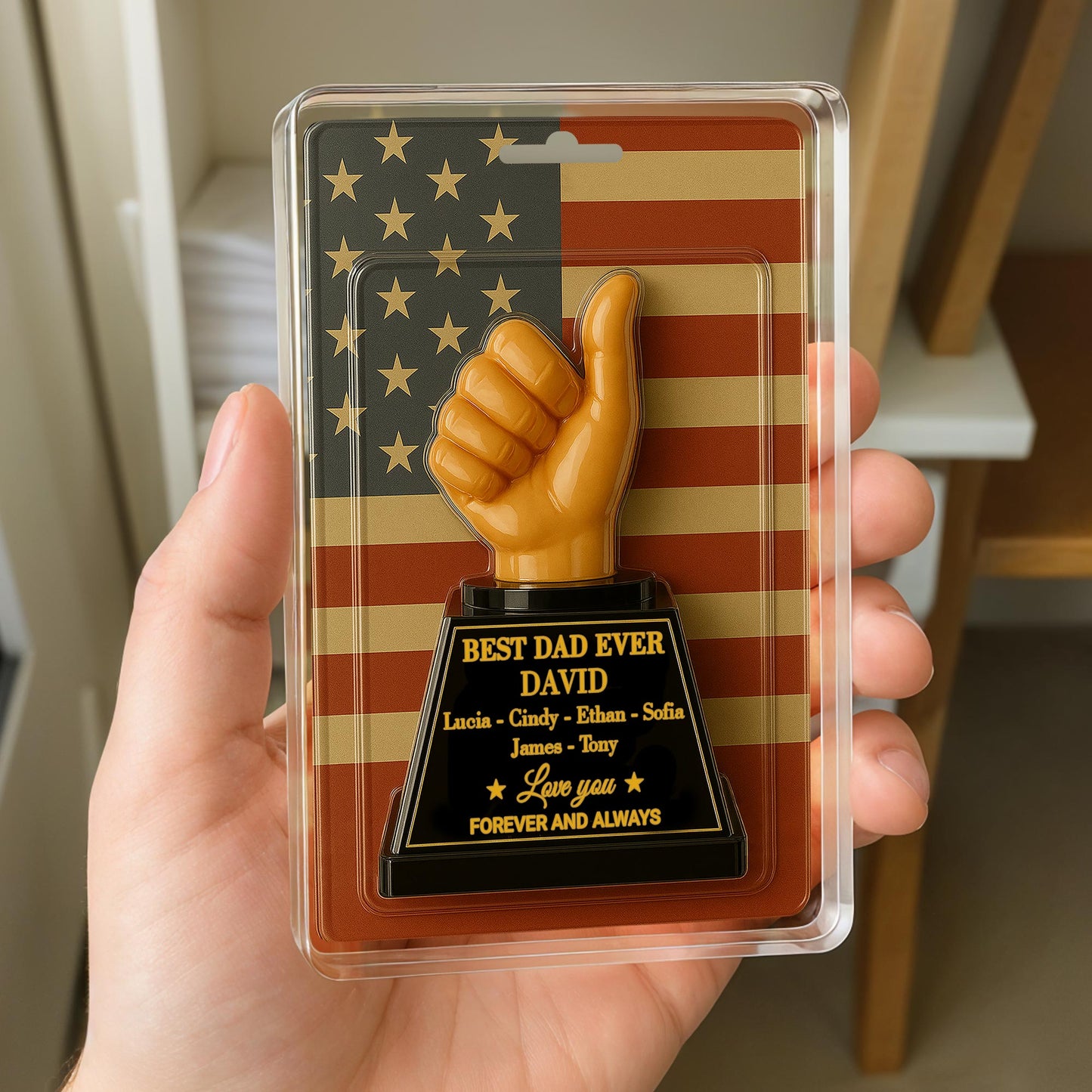 Best Dad Ever With Thumbs Up Trophy And American Flag