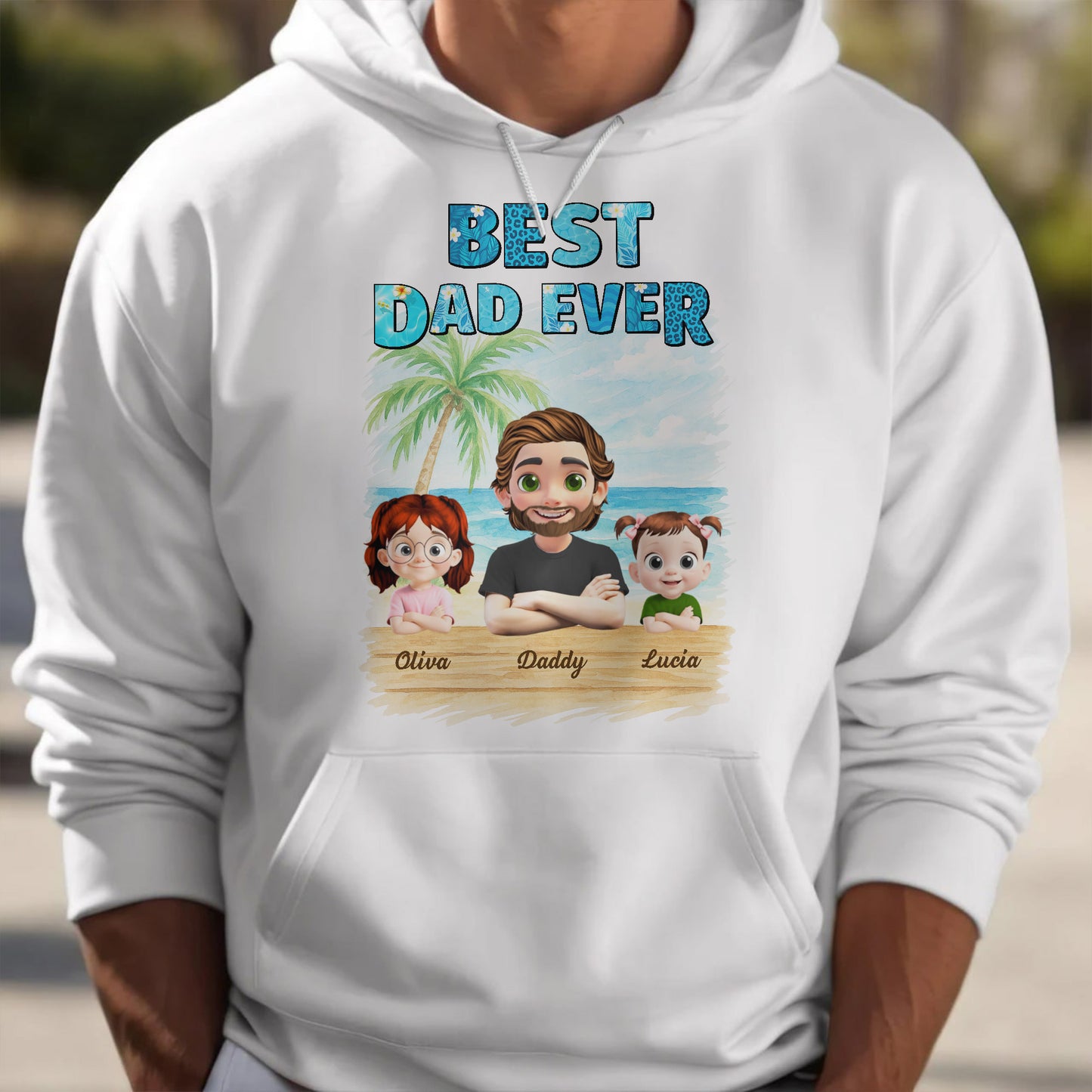 Best Dad Ever With Palm Tree And Cartoon Family