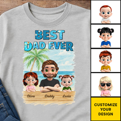 Best Dad Ever With Palm Tree And Cartoon Family