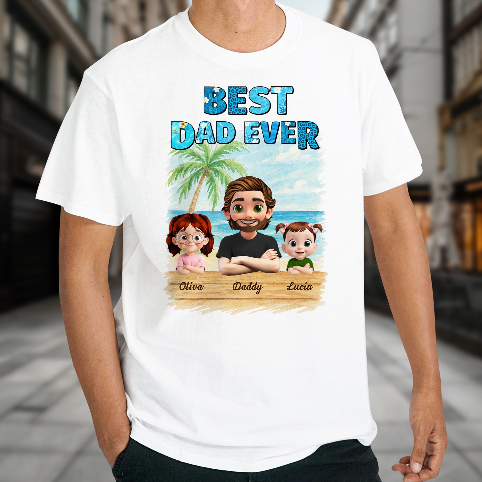 Best Dad Ever With Palm Tree And Cartoon Family