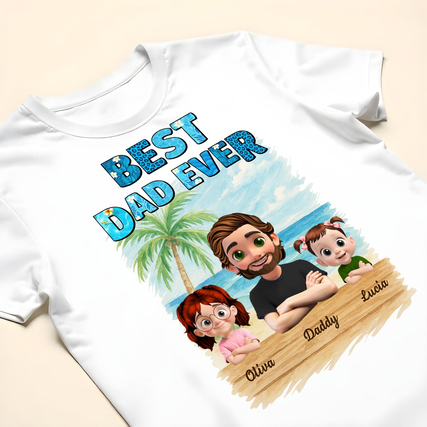Best Dad Ever With Palm Tree And Cartoon Family