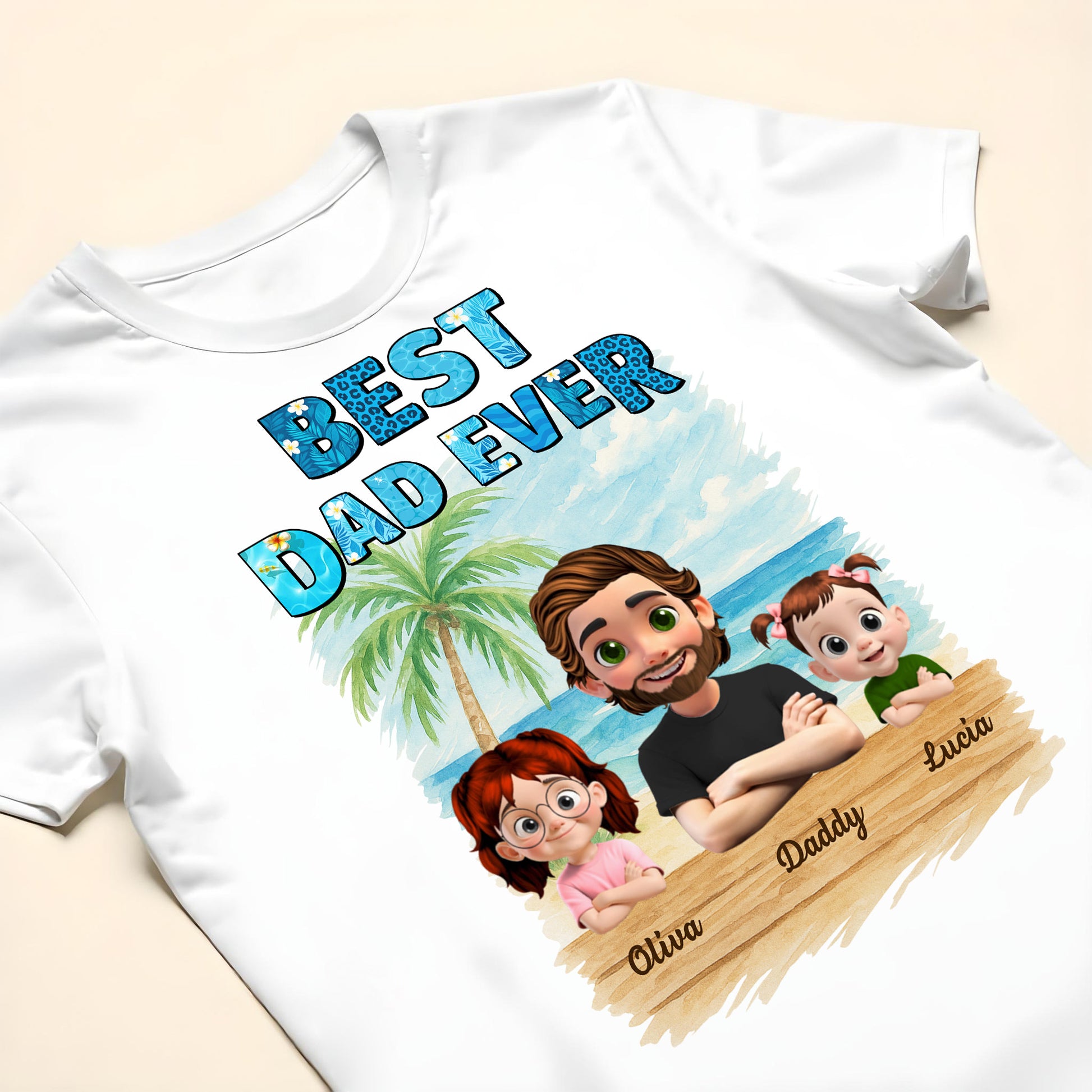 Best Dad Ever With Palm Tree And Cartoon Family