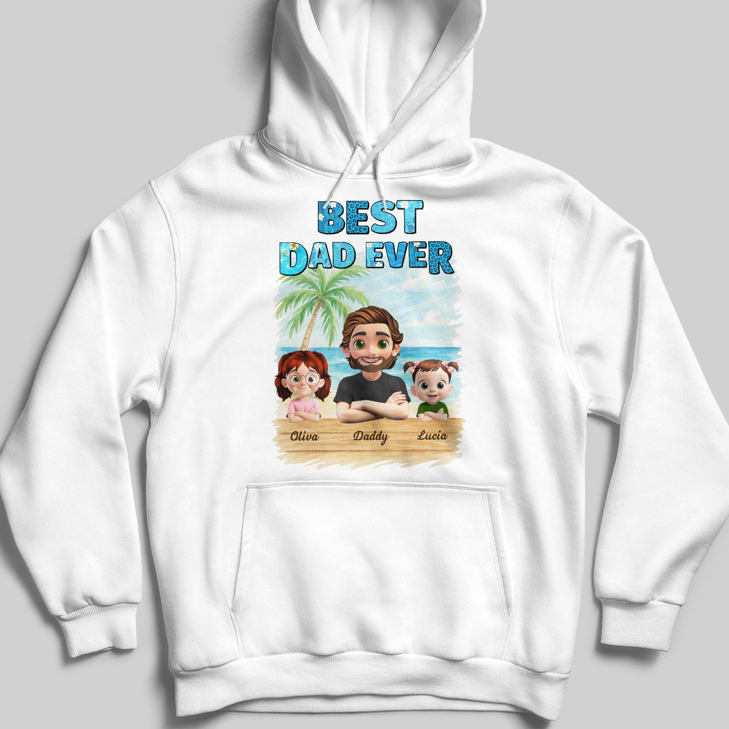 Best Dad Ever With Palm Tree And Cartoon Family