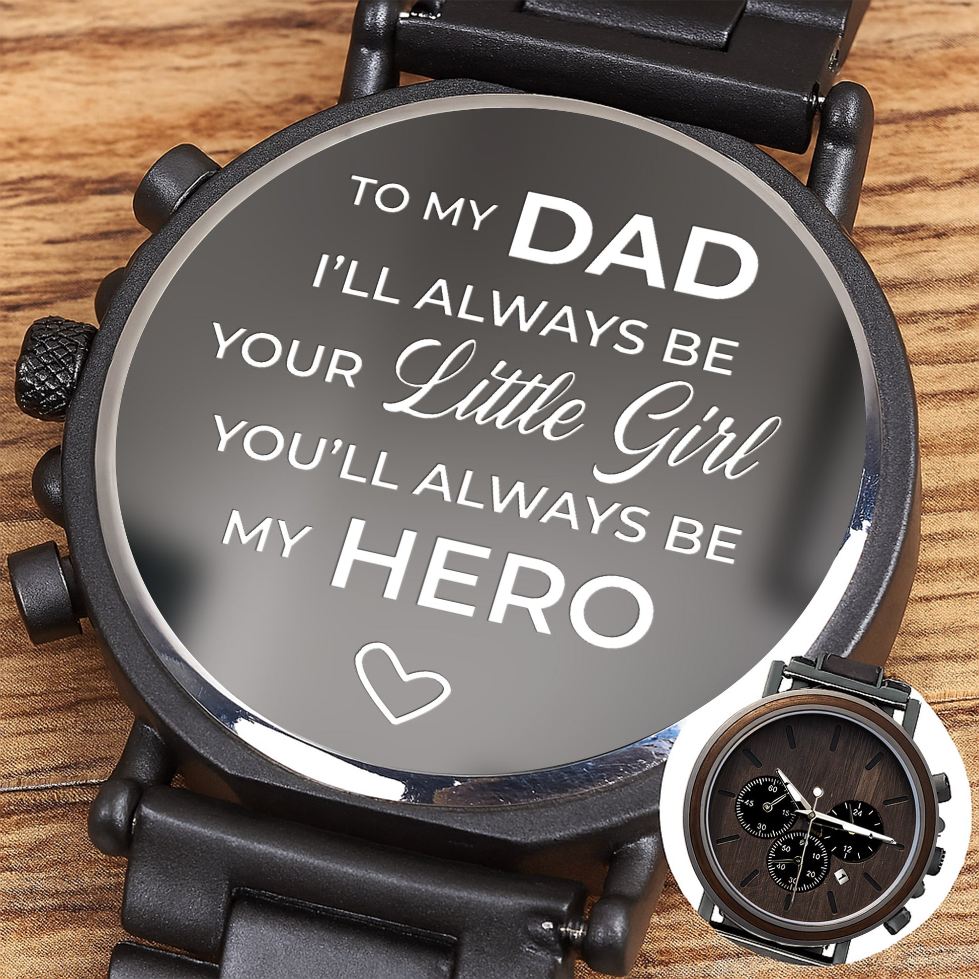 To My Dad, Always My Hero, Heart and Wooden Texture Design