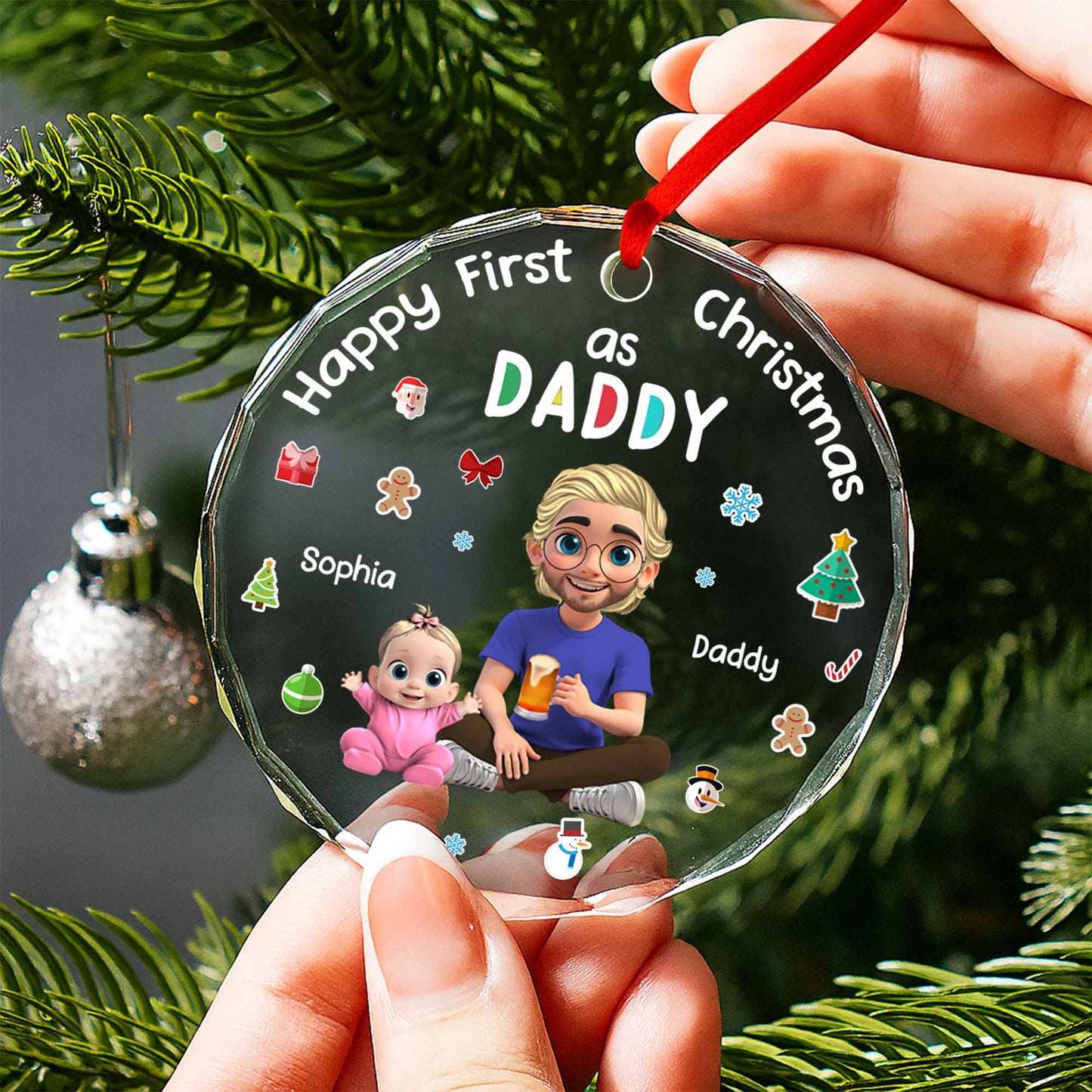 Happy First Christmas As Daddy With Cute Illustrations