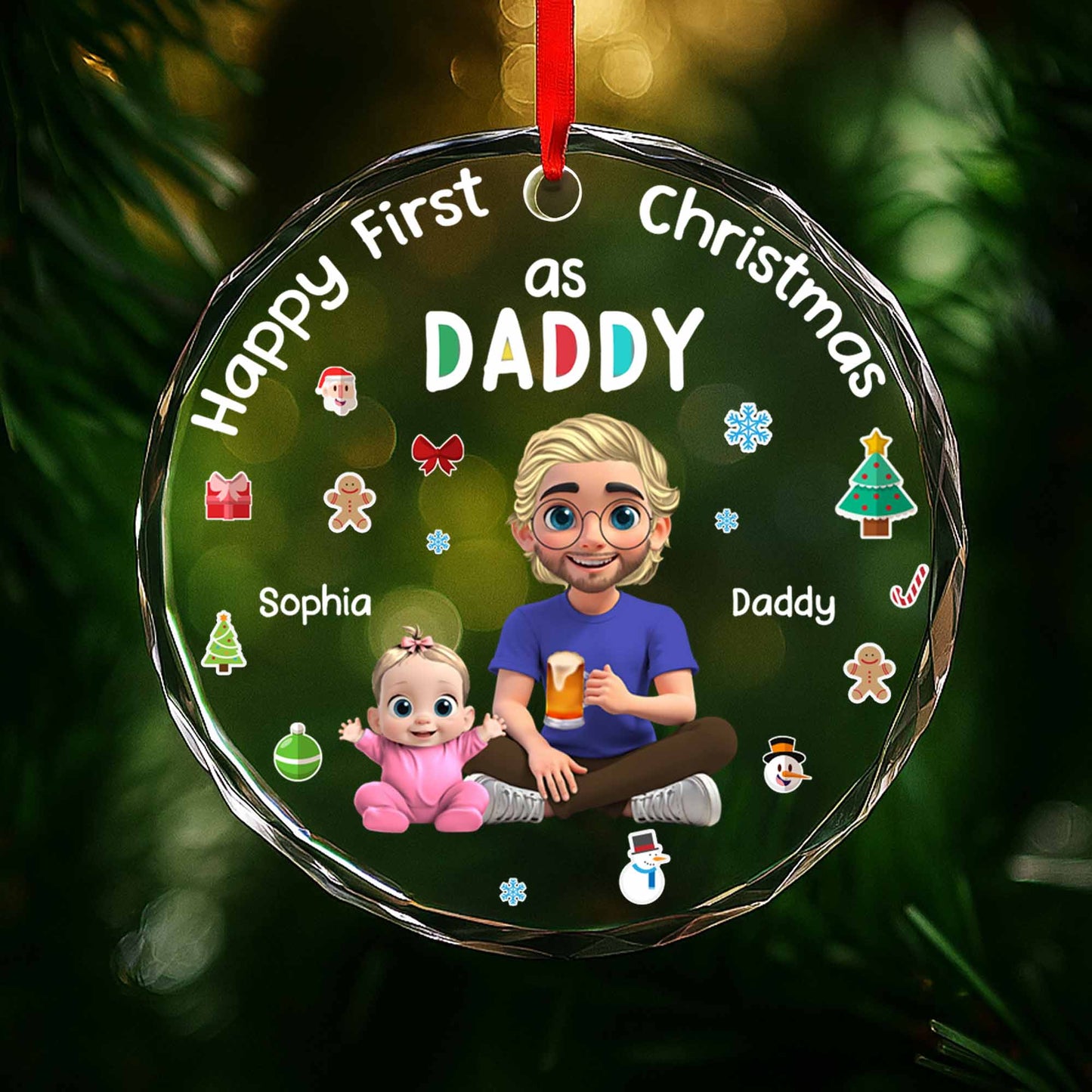 Happy First Christmas As Daddy With Cute Illustrations
