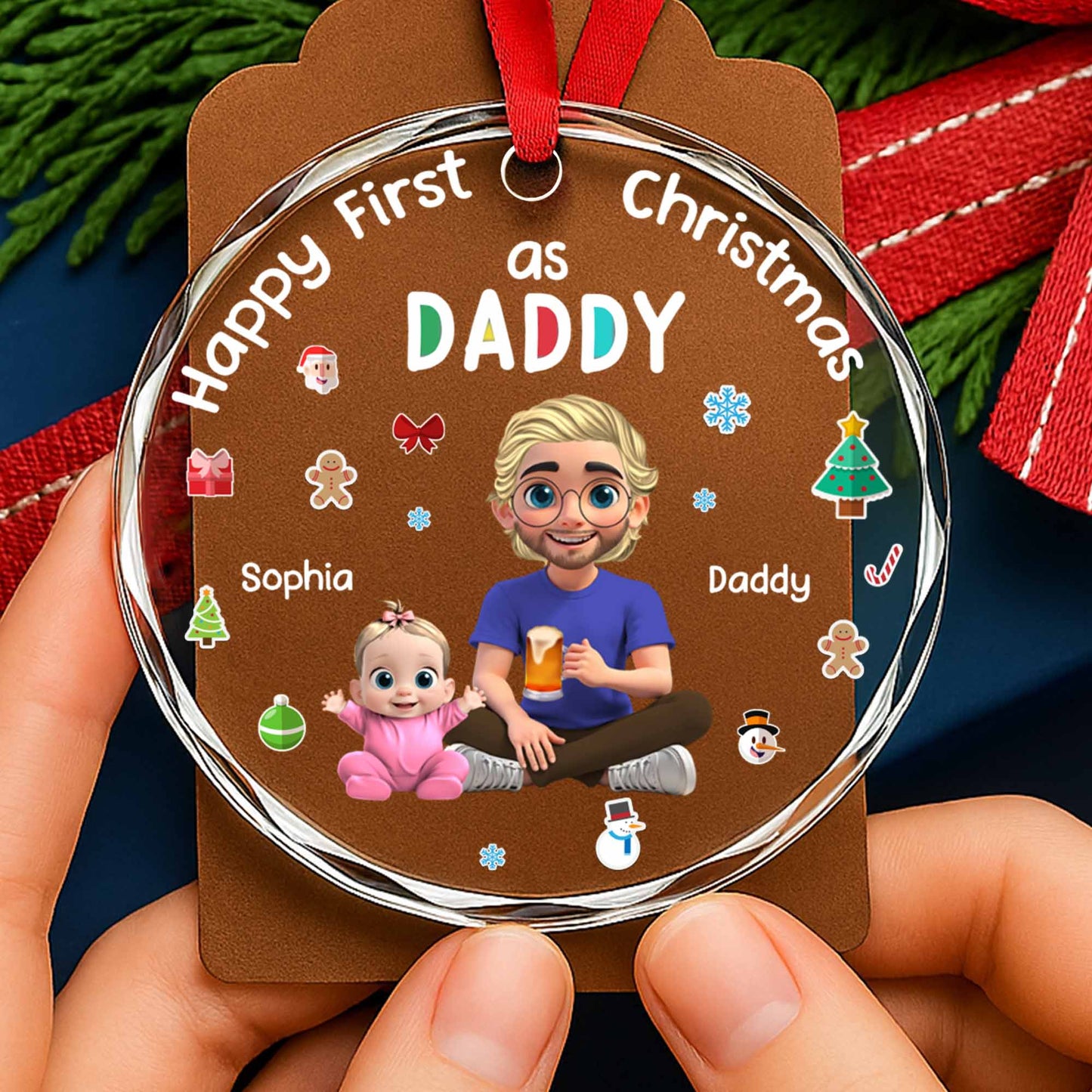 Happy First Christmas As Daddy With Cute Illustrations