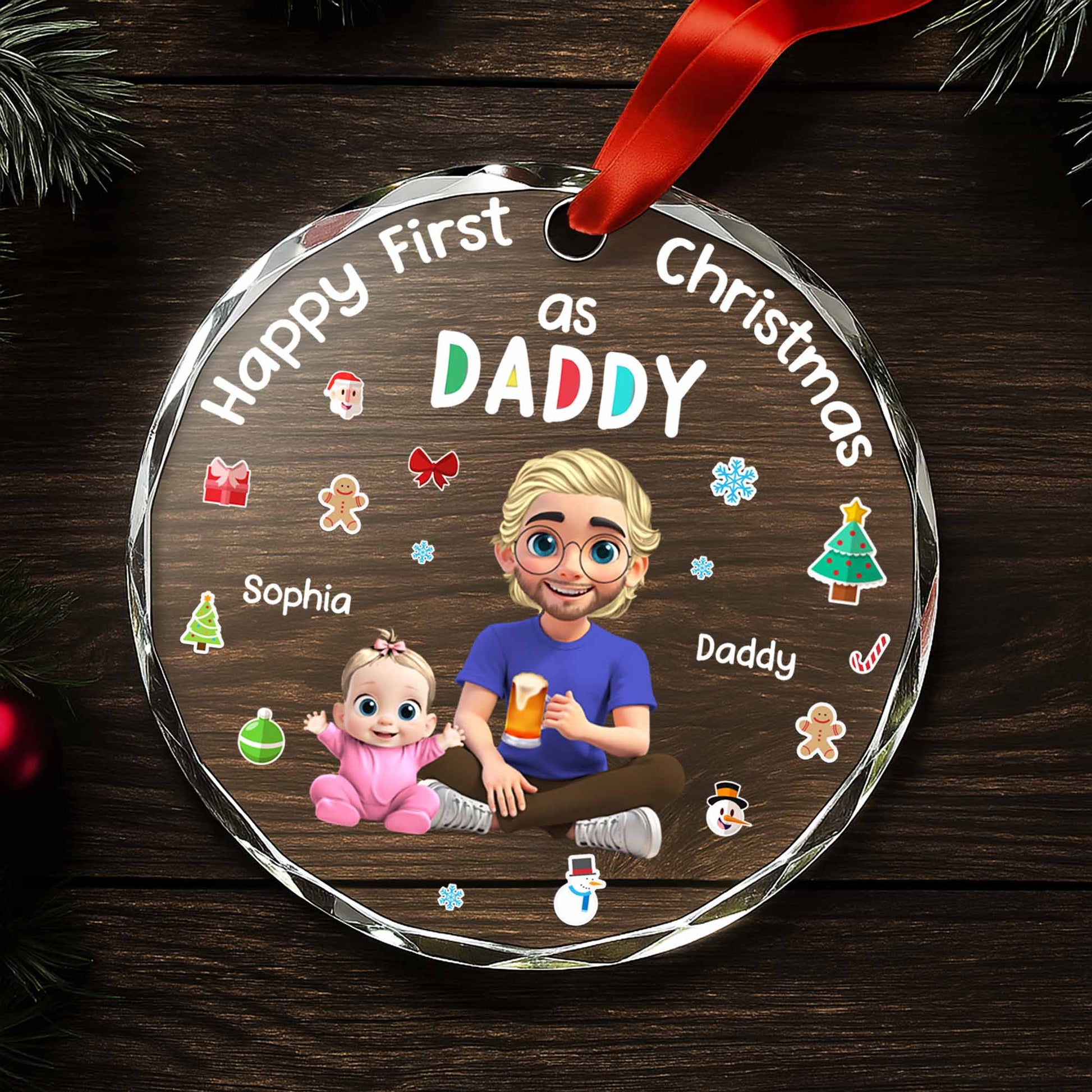 Happy First Christmas As Daddy With Cute Illustrations