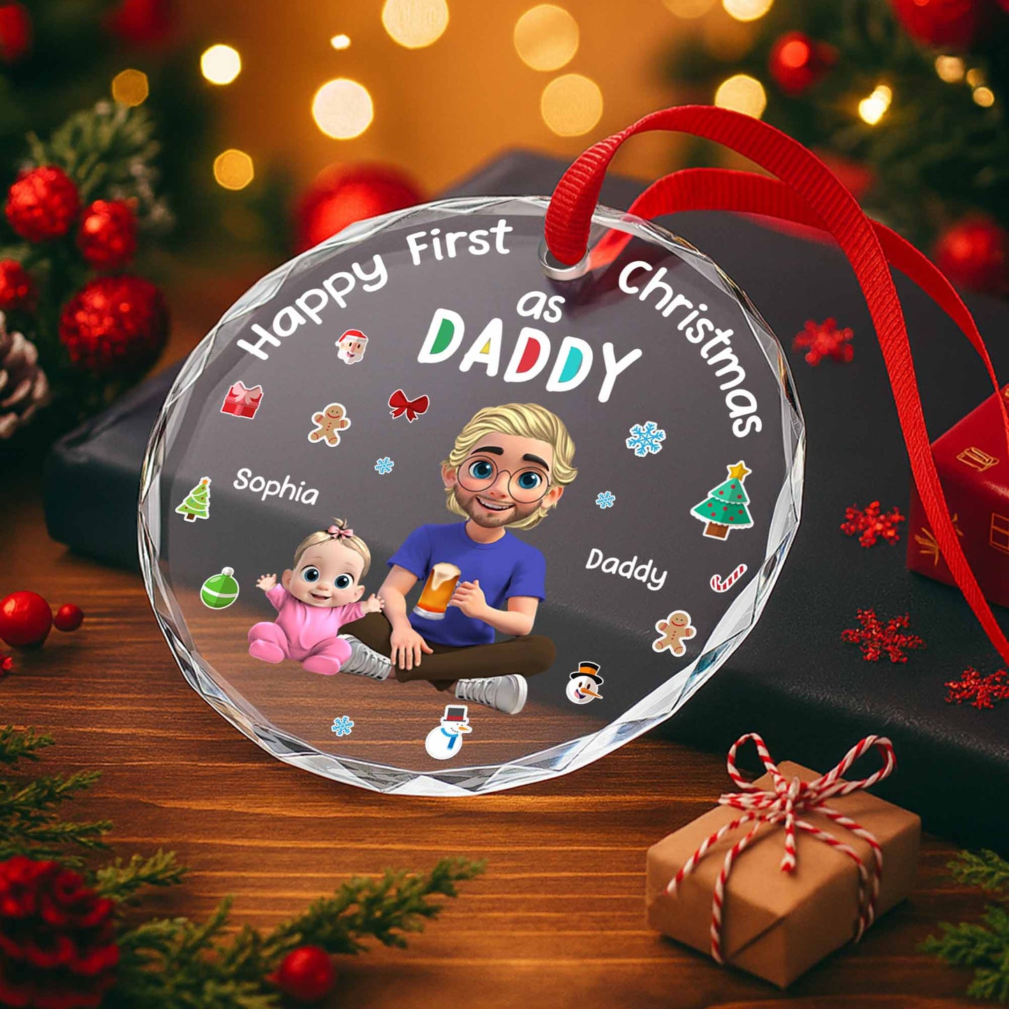 Happy First Christmas As Daddy With Cute Illustrations