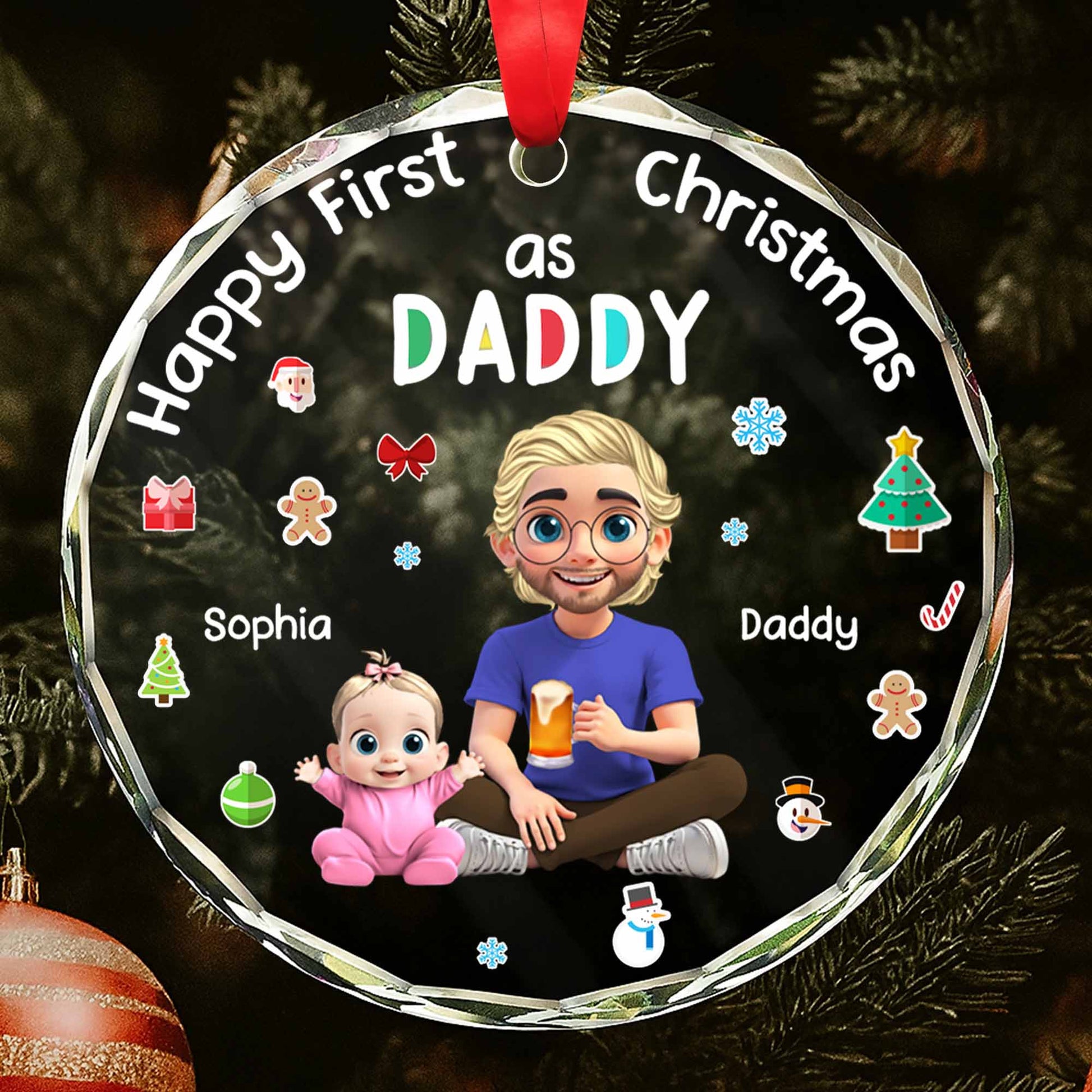 Happy First Christmas As Daddy With Cute Illustrations