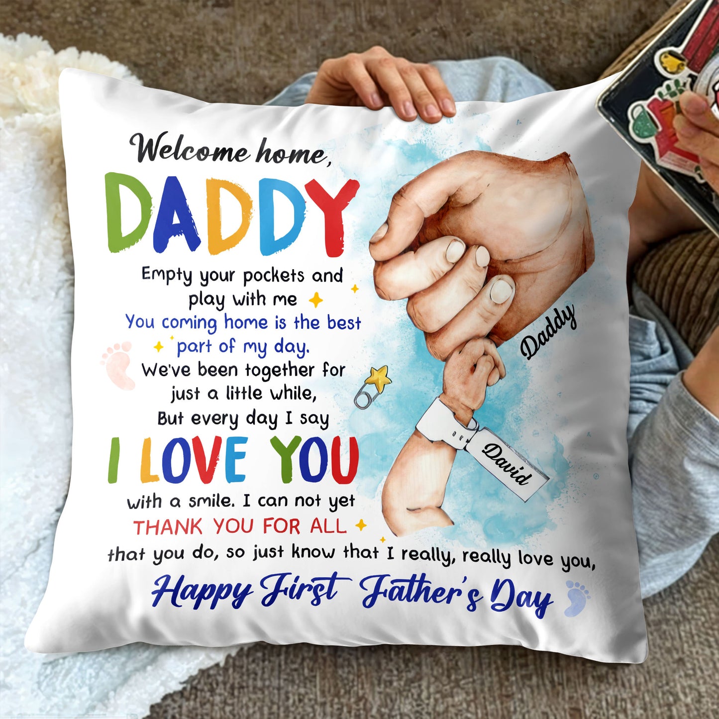 Happy First Father's Day, Hands and Child Toy