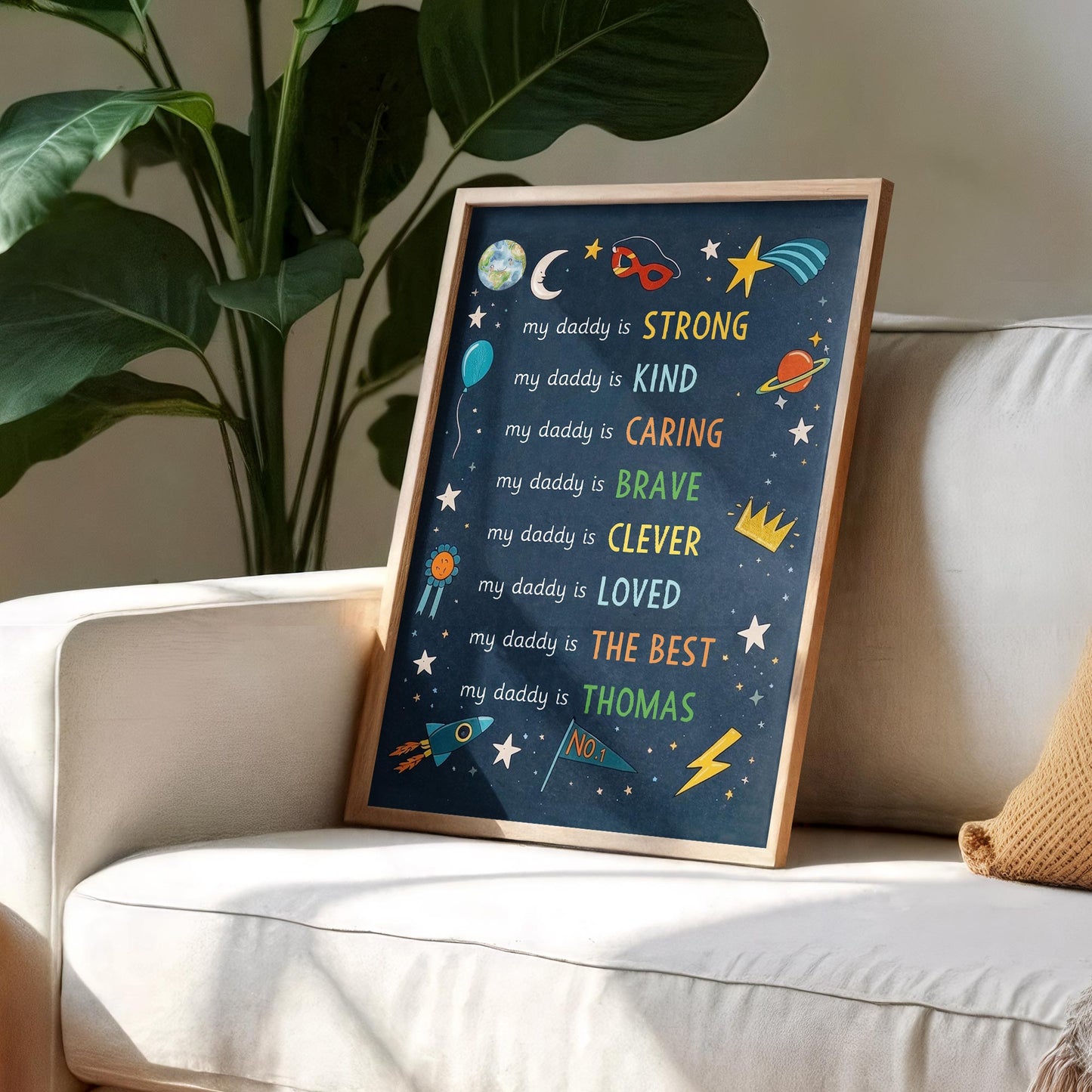 My Daddy Is Strong Kind Caring Brave Personalized Stars And Rocket - Personalized Custom Vertical Poster - DAD386_VPOS