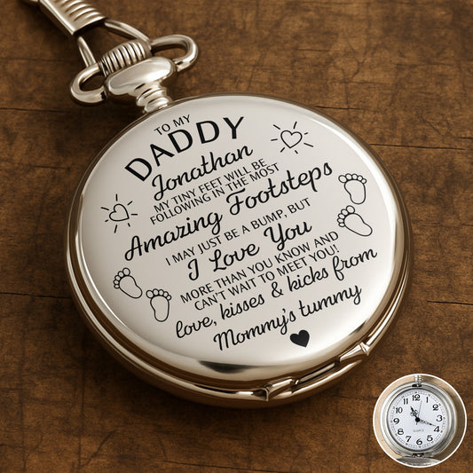 To My Daddy Amazing Footsteps Baby Footprints And Hearts - Personalized Silver Plated Pocket Watch - DAD450_SWATCH