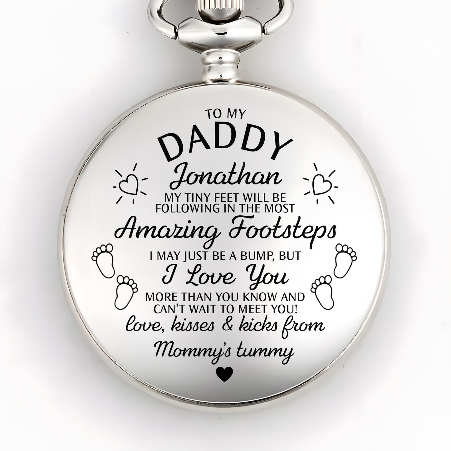 To My Daddy Amazing Footsteps Baby Footprints And Hearts - Personalized Silver Plated Pocket Watch - DAD450_SWATCH