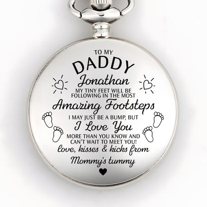 To My Daddy Amazing Footsteps Baby Footprints And Hearts - Personalized Silver Plated Pocket Watch - DAD450_SWATCH