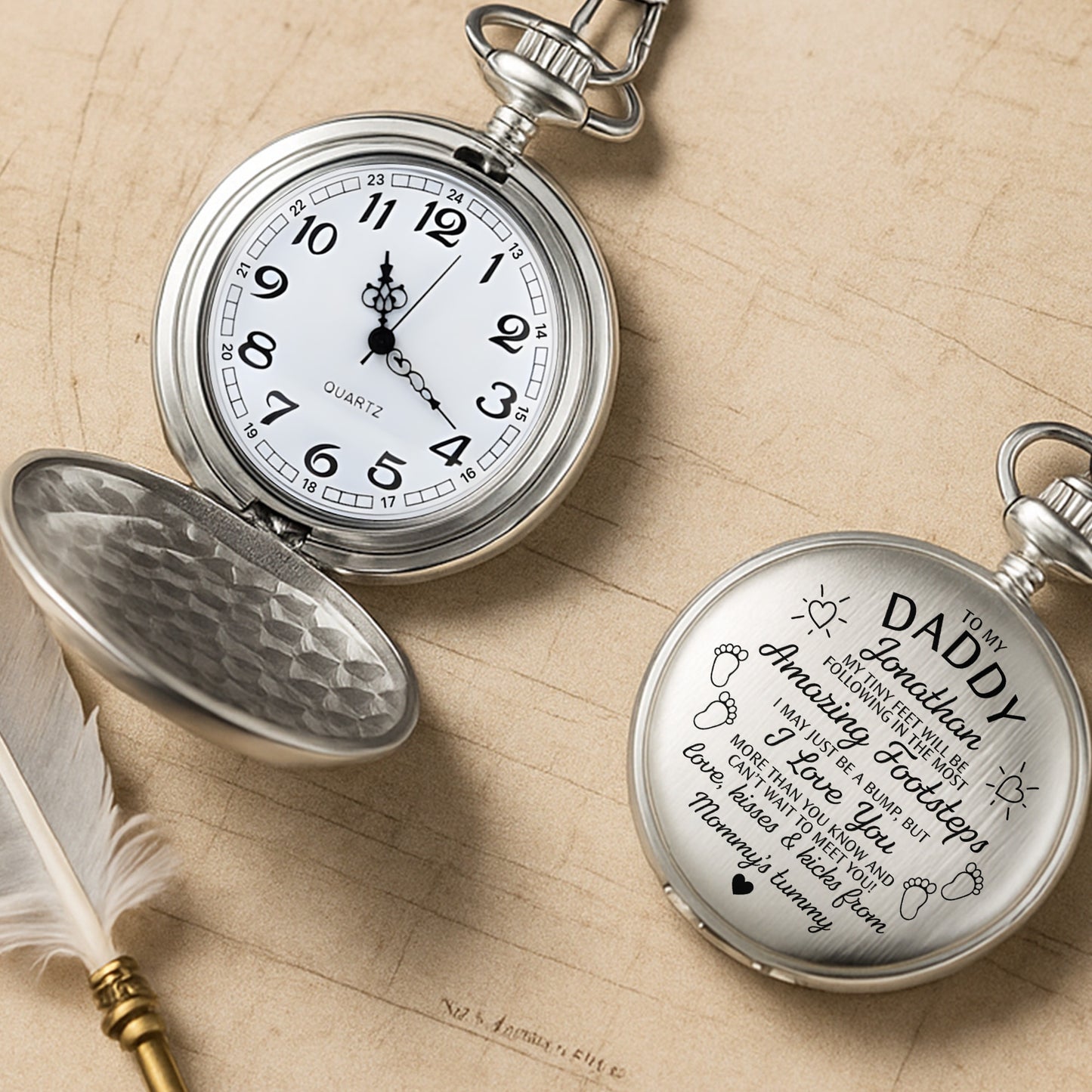 To My Daddy Amazing Footsteps Baby Footprints And Hearts - Personalized Silver Plated Pocket Watch - DAD450_SWATCH