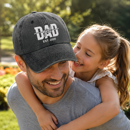 Girl Dad Est With 3D Embroidery Text Design - Personalized Custom Washed Denim Cap - DAD547_WDCAP