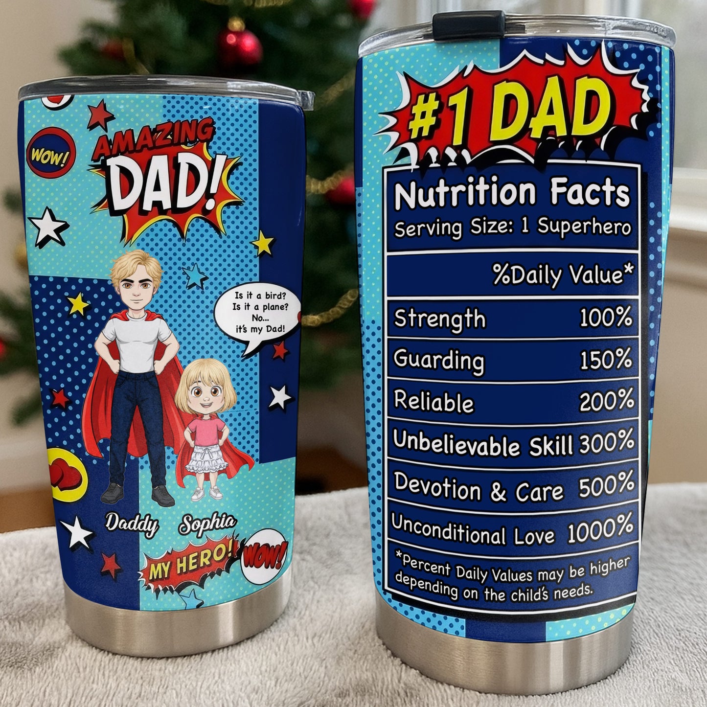 Amazing Dad My Hero Comic Superhero Nutrition Facts - Personalized Custom Stainless Steel Tumbler 20oz 30oz - DAD618_TB