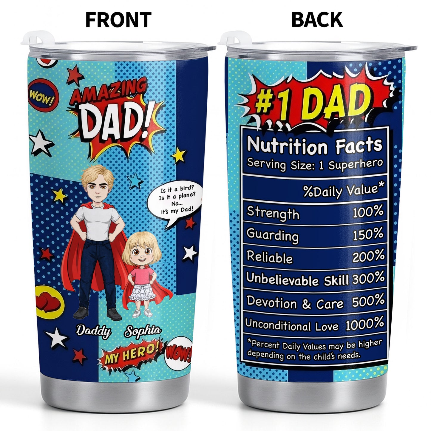 Amazing Dad My Hero Comic Superhero Nutrition Facts - Personalized Custom Stainless Steel Tumbler 20oz 30oz - DAD618_TB