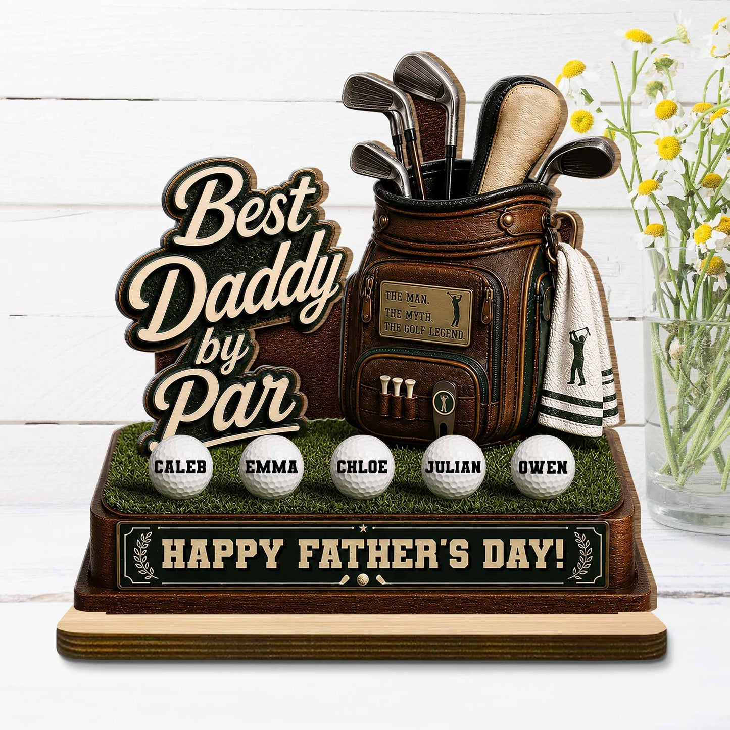 Best Dad By Par Golf Bag With Clubs And Balls - Personalized Custom 2-Layer Wood Plaque With Flat Base - DAD641_WPLA