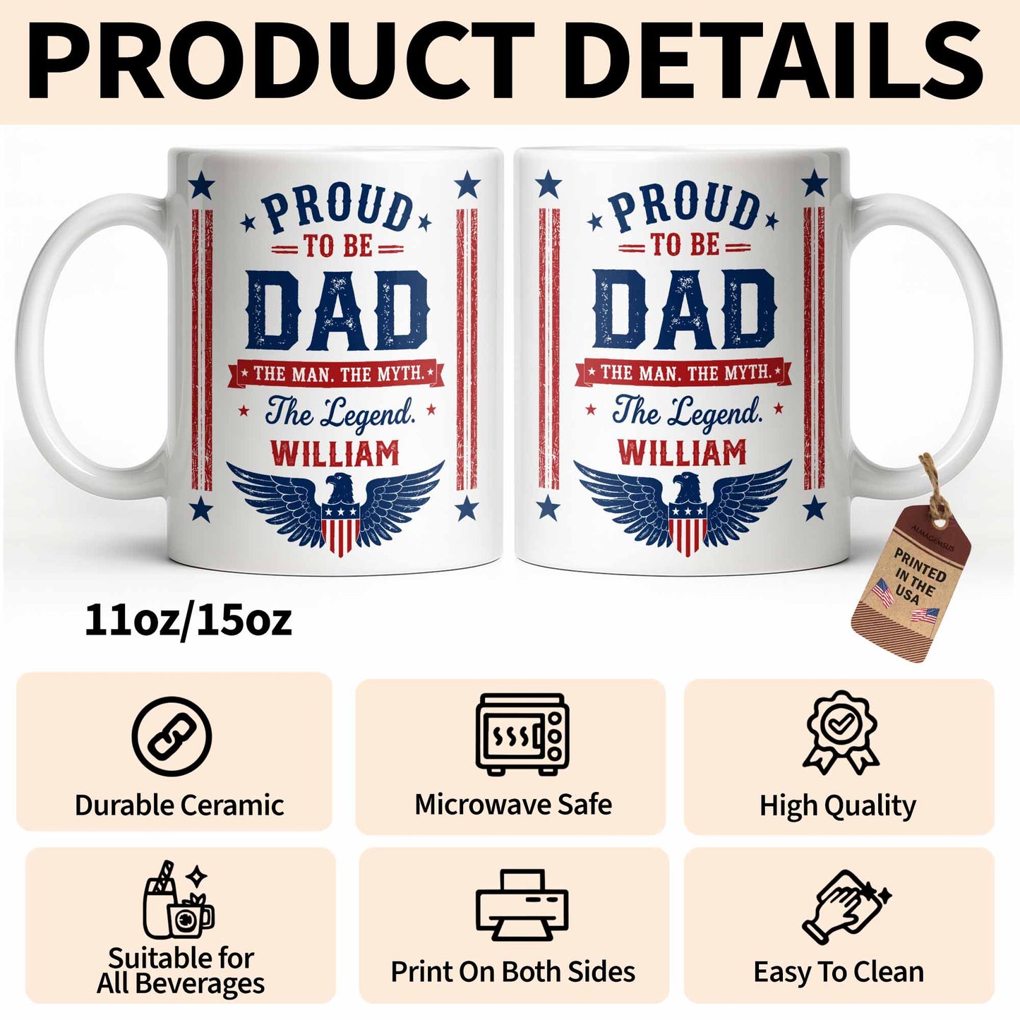 Proud To Be Dad The Man The Myth The Legend Patriotic Eagle - Personalized Custom Coffee Mug - DAD734_MG