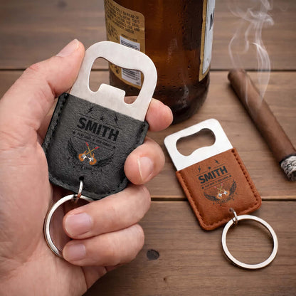 Play Hard Rock Harder Live Loud With Electric Guitars And Wings - Personalized Leather Bottle Opener Keychain - DAD742_LEBOK