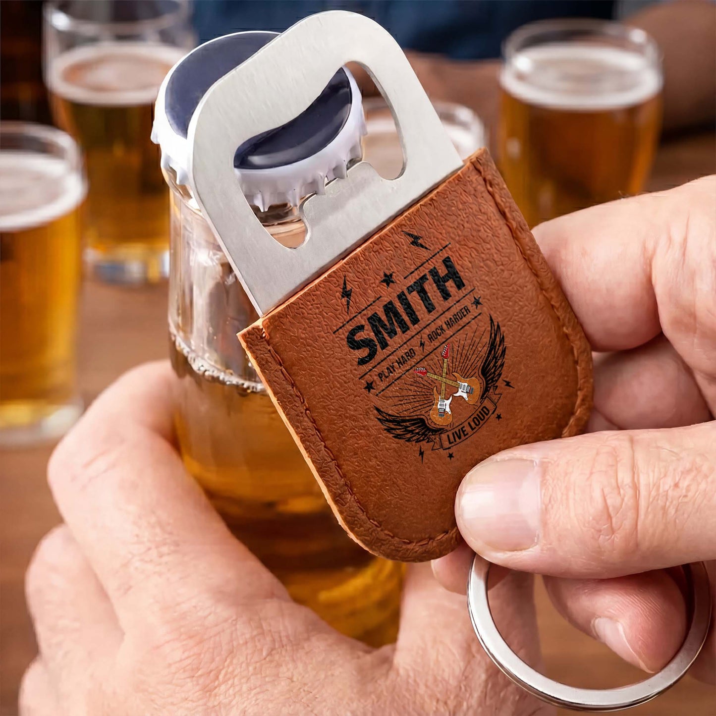 Play Hard Rock Harder Live Loud With Electric Guitars And Wings - Personalized Leather Bottle Opener Keychain - DAD742_LEBOK